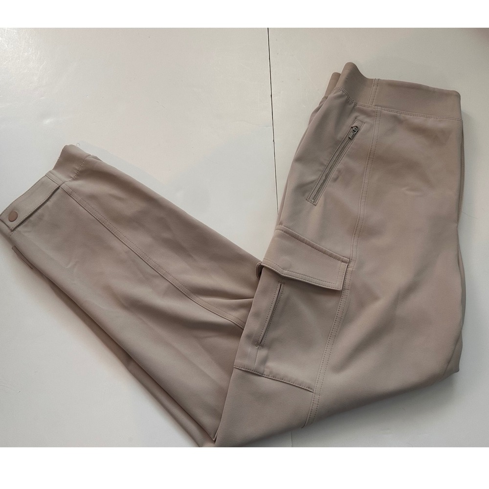 Athleta‎ Womens Cargo Pants Tan Beige Elastic Waist Zipper Pockets Size 12
